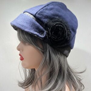Handmade Reversible Wool Cloche Cap Navy Blue Flower & Gray Patchwork Hat